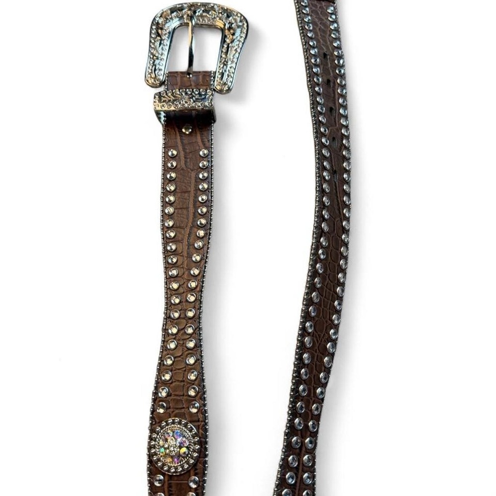 Blazin Roxx western rhinestone embellished leather belt metal accents medium